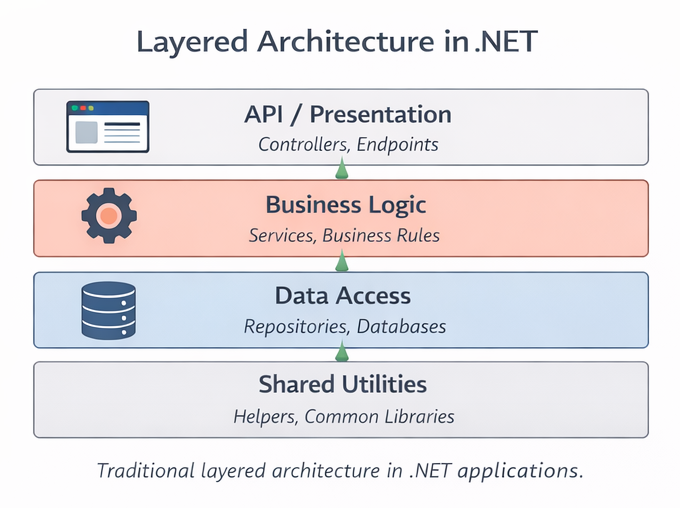 Layered architecture in .NET showing API, business layer, and data access layer